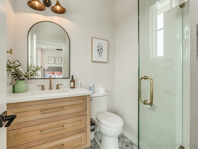 56 Center Ln N, Carlton Landing, OK 74432 - bathroom with a stall shower, vanity, and tile patterned floors