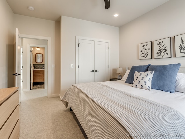 56 Center Ln N, Carlton Landing, OK 74432 - bedroom featuring light carpet, a closet, and recessed lighting