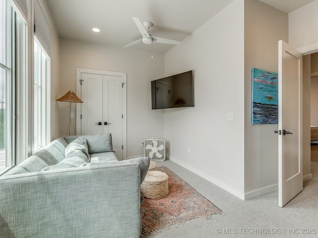56 Center Ln N, Carlton Landing, OK 74432 - living area featuring a ceiling fan, light colored carpet, and recessed lighting