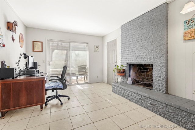 tiled office featuring a fireplace and ornamental molding