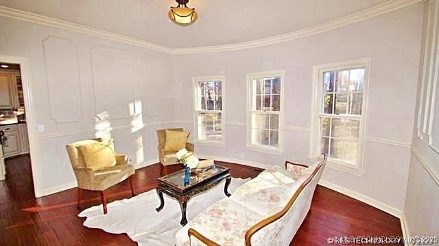 living area featuring dark wood-type flooring and ornamental molding