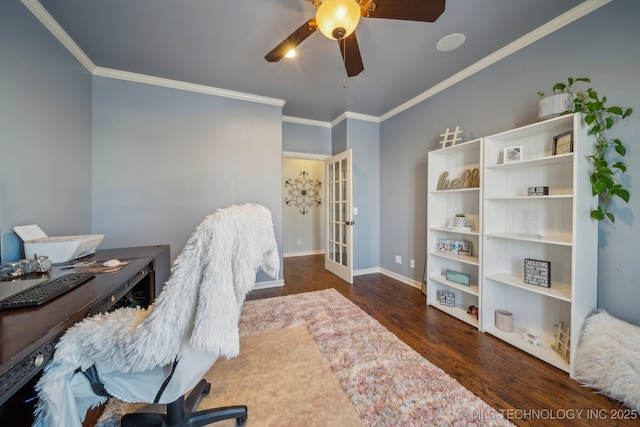 office area with dark hardwood / wood-style flooring, crown molding, french doors, and ceiling fan