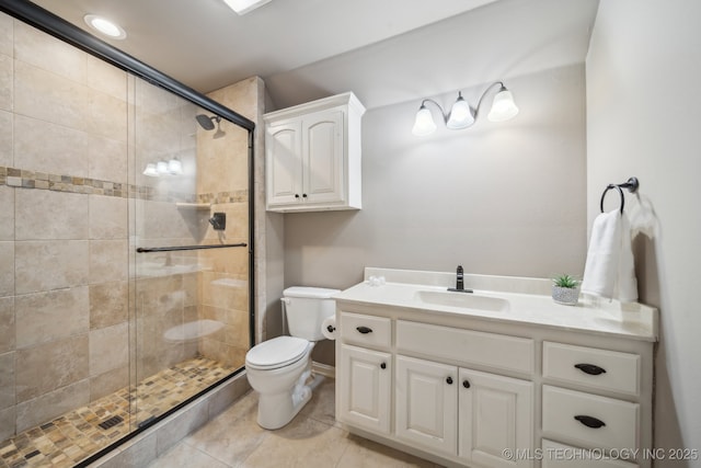 bathroom with vanity, toilet, an enclosed shower, and tile patterned flooring