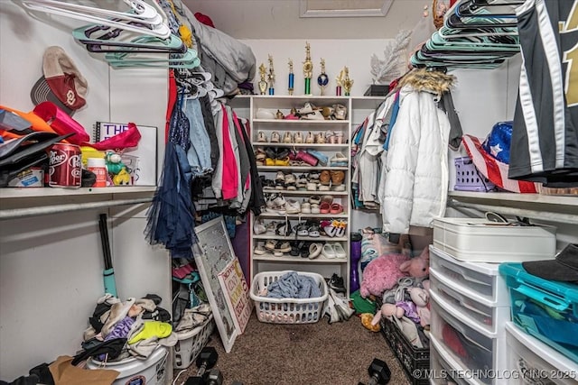 walk in closet featuring carpet