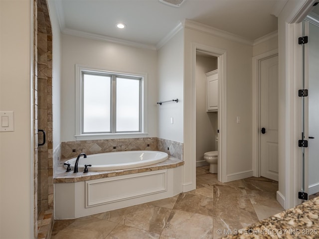 bathroom with independent shower and bath, crown molding, and toilet