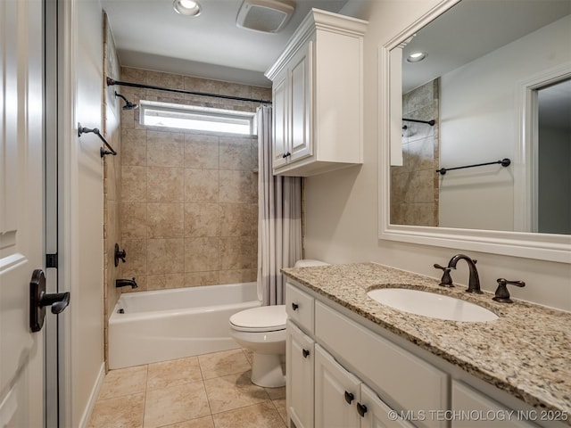 full bathroom with shower / bath combination with curtain, tile patterned floors, toilet, and vanity