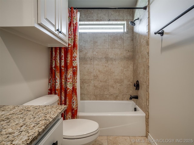 full bathroom with tile patterned flooring, vanity, shower / tub combo, and toilet