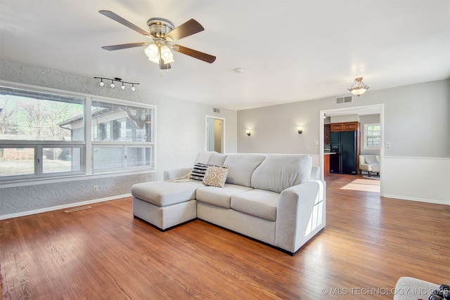 living room featuring hardwood / wood-style flooring, ceiling fan, and track lighting