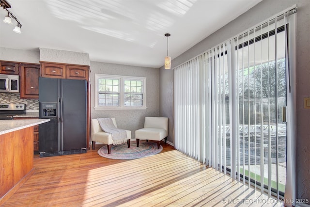 kitchen featuring decorative light fixtures, light hardwood / wood-style flooring, stainless steel appliances, and decorative backsplash