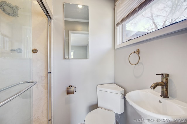 bathroom featuring walk in shower, toilet, sink, and crown molding