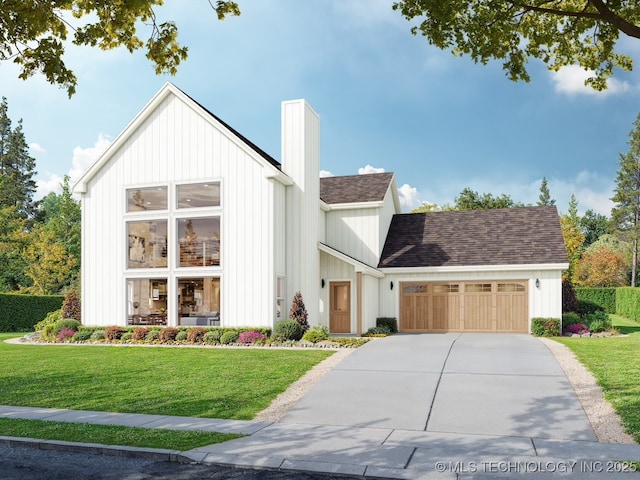 modern inspired farmhouse featuring a garage and a front lawn