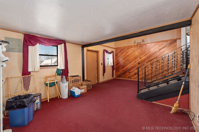 playroom featuring crown molding, wood walls, and dark carpet