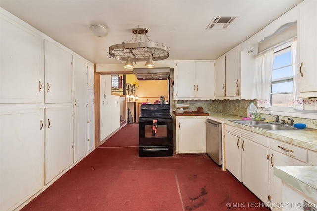 kitchen featuring white cabinetry, hanging light fixtures, stainless steel dishwasher, sink, and black electric range