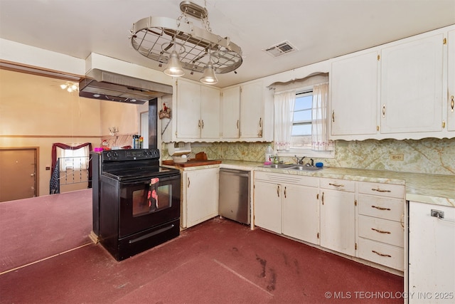 kitchen featuring dishwasher, sink, extractor fan, white cabinetry, and electric range