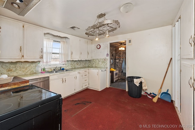 kitchen featuring dishwasher, sink, backsplash, black / electric stove, and white cabinetry