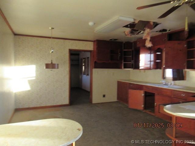 kitchen featuring ceiling fan and ornamental molding