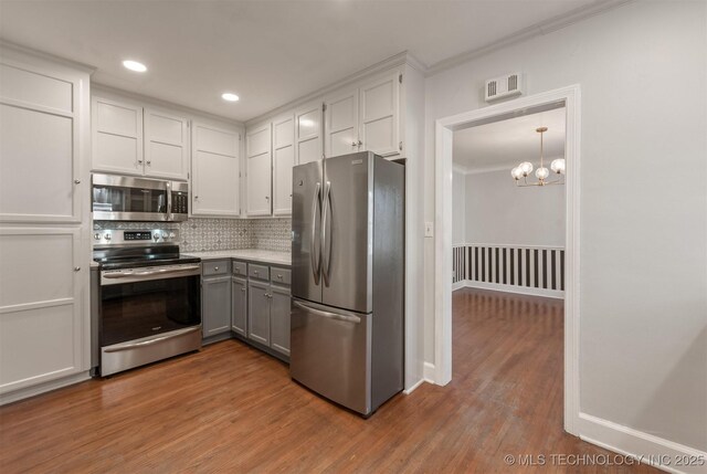 1531 S Florence Ave, Tulsa, OK 74104 - kitchen featuring backsplash, white cabinetry, appliances with stainless steel finishes, and gray cabinetry