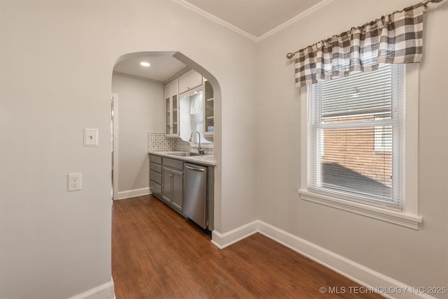 1531 S Florence Ave, Tulsa, OK 74104 - interior space with dishwasher, tasteful backsplash, sink, dark hardwood / wood-style floors, and ornamental molding