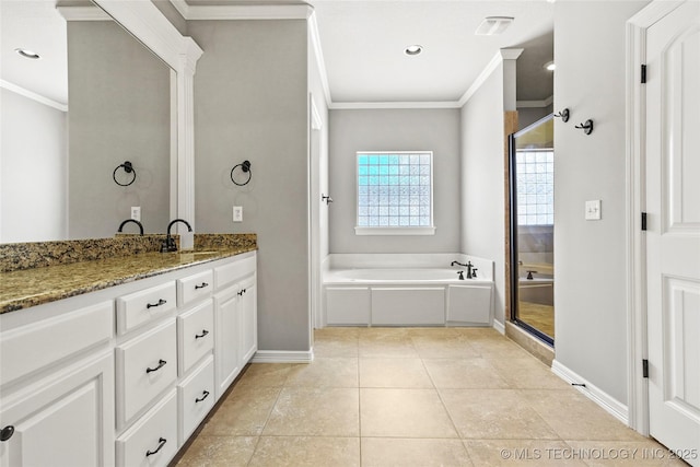 bathroom featuring ornamental molding, plus walk in shower, tile patterned floors, and vanity