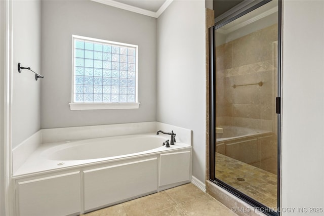 bathroom with ornamental molding, independent shower and bath, and tile patterned flooring