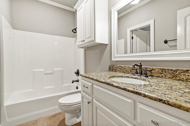 full bathroom featuring vanity, shower / tub combination, ornamental molding, and toilet