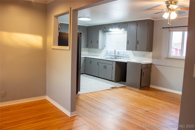 kitchen with ceiling fan, ornamental molding, sink, and light hardwood / wood-style flooring