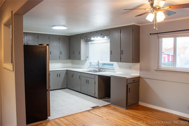 kitchen with sink, gray cabinetry, crown molding, light wood-type flooring, and stainless steel fridge