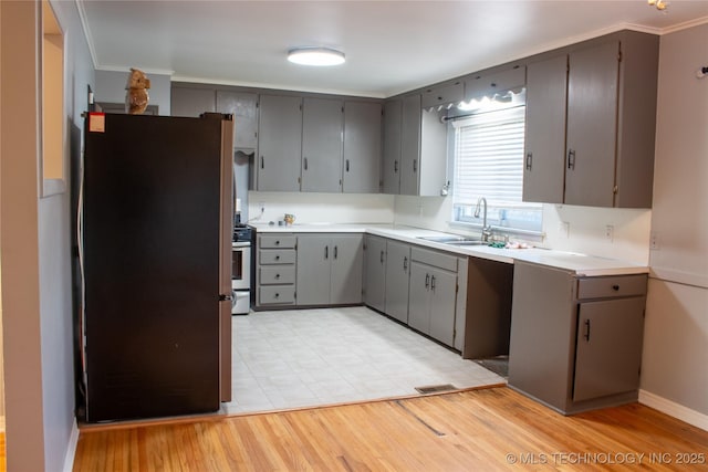 kitchen with stainless steel appliances, crown molding, sink, and gray cabinets