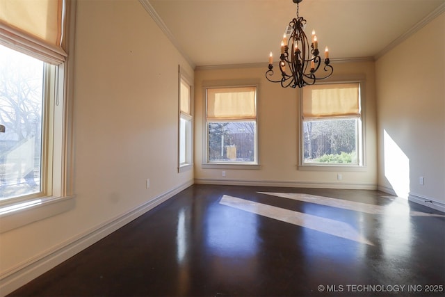 unfurnished room with ornamental molding and a chandelier