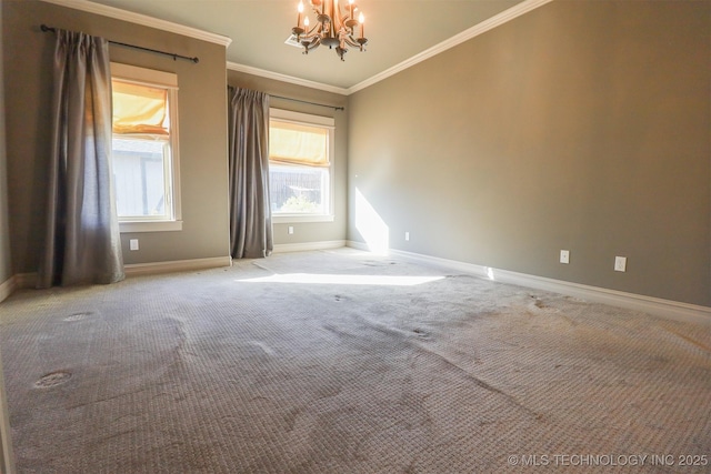 spare room with light carpet, a notable chandelier, and crown molding