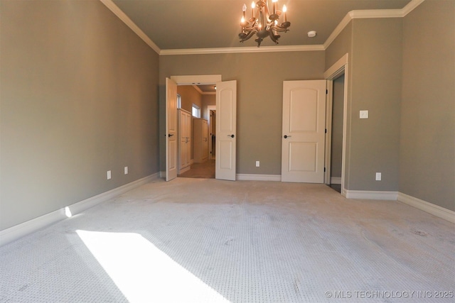 unfurnished bedroom with ornamental molding, light colored carpet, and a notable chandelier