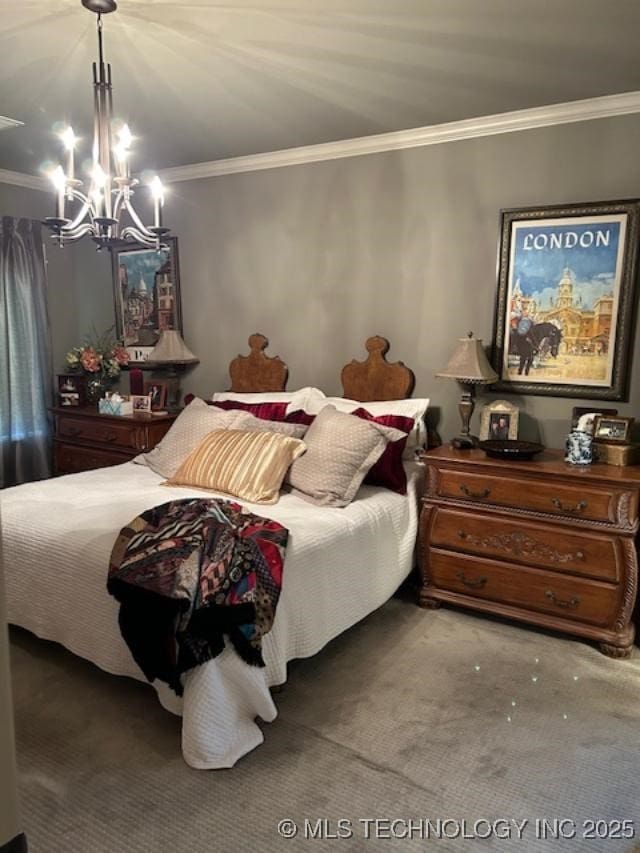 carpeted bedroom with ornamental molding and an inviting chandelier