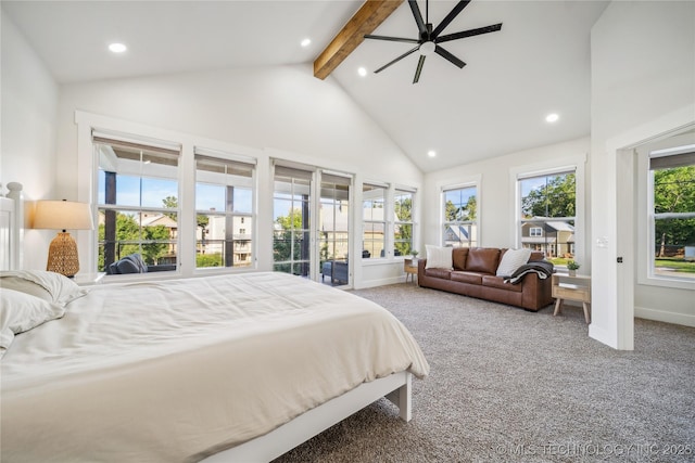 bedroom featuring ceiling fan, access to exterior, beam ceiling, high vaulted ceiling, and carpet