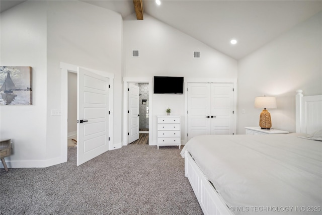 bedroom with beamed ceiling, dark carpet, high vaulted ceiling, and a closet