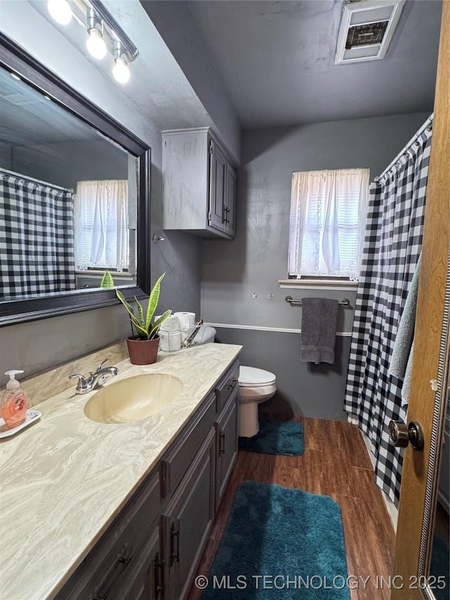 bathroom featuring vanity, hardwood / wood-style floors, and toilet