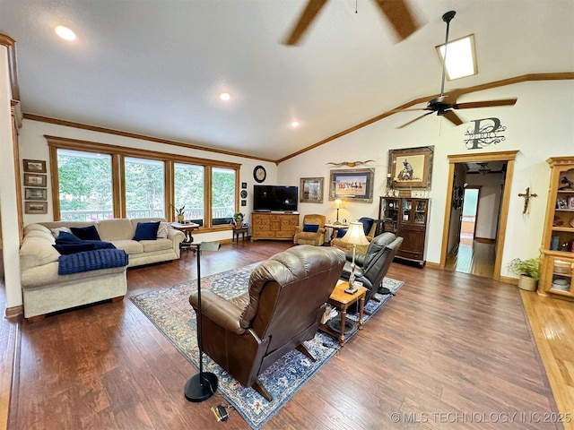 living room with vaulted ceiling, dark wood-type flooring, crown molding, and ceiling fan