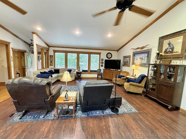 living room featuring crown molding, vaulted ceiling, and wood-type flooring