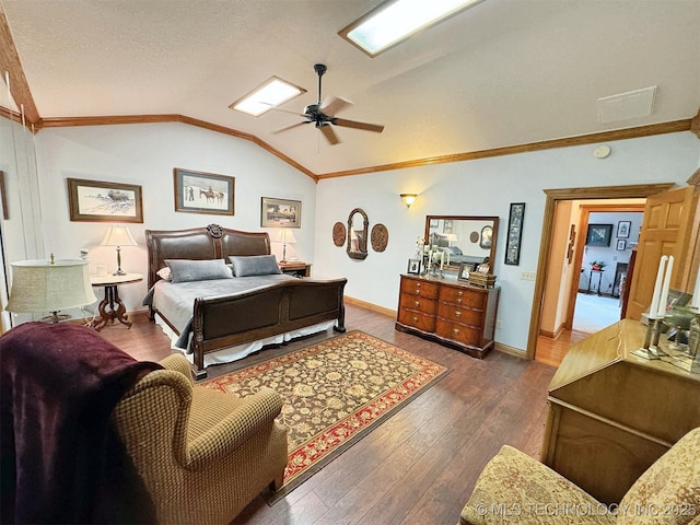 bedroom featuring ceiling fan, lofted ceiling, dark hardwood / wood-style floors, and ornamental molding