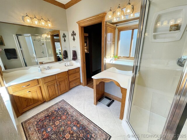 bathroom with crown molding, tile patterned floors, vanity, and a shower with shower door