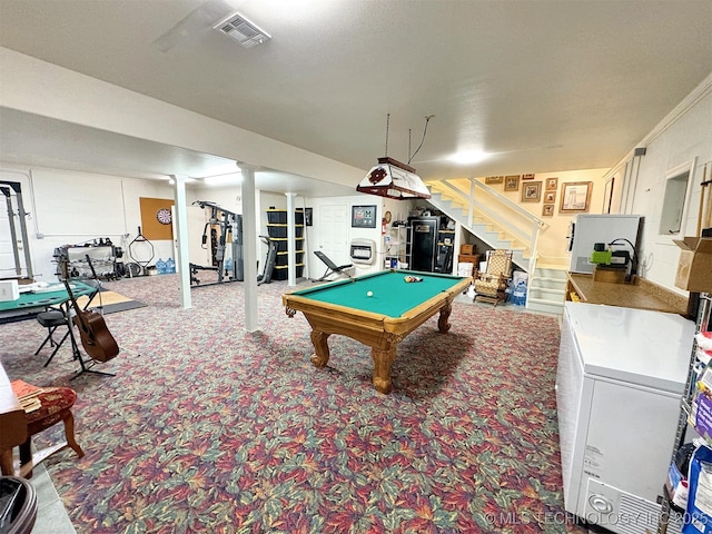 playroom featuring washer / dryer, carpet floors, and billiards