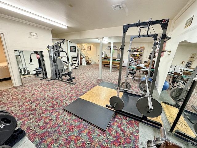 workout area with carpet floors