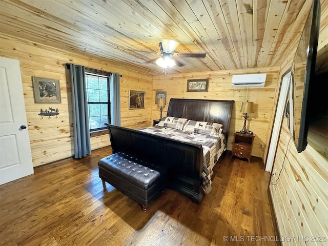 bedroom featuring wood walls, a wall mounted AC, wooden ceiling, dark hardwood / wood-style flooring, and ceiling fan