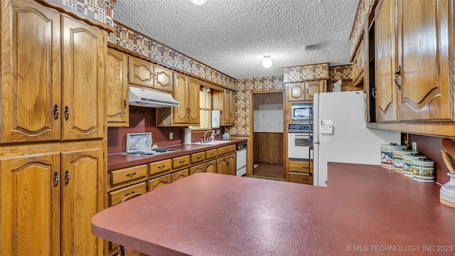 kitchen with sink, a textured ceiling, and white appliances