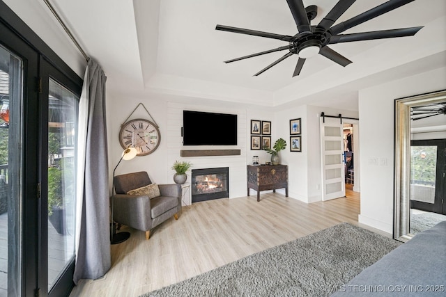 living room with a fireplace, ceiling fan, light hardwood / wood-style floors, a raised ceiling, and a barn door