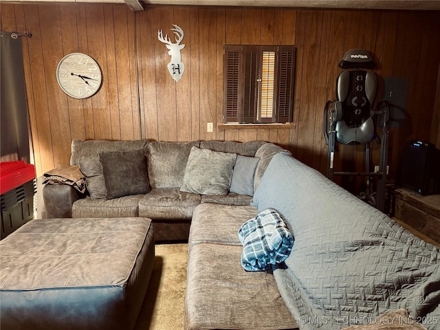 living room with wooden walls