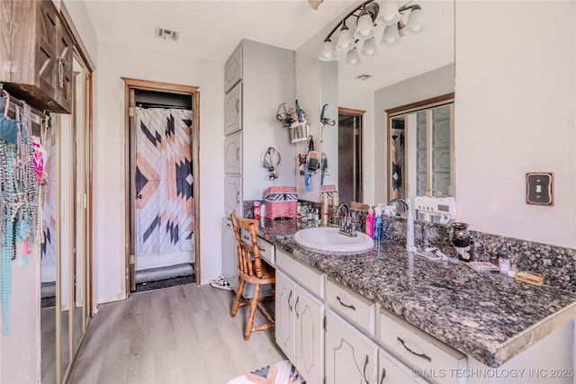 bathroom featuring visible vents, wood finished floors, and vanity