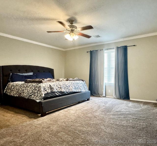 carpeted bedroom featuring crown molding, ceiling fan, and a textured ceiling