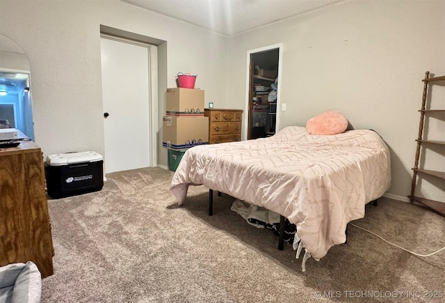 carpeted bedroom with a textured ceiling and a closet