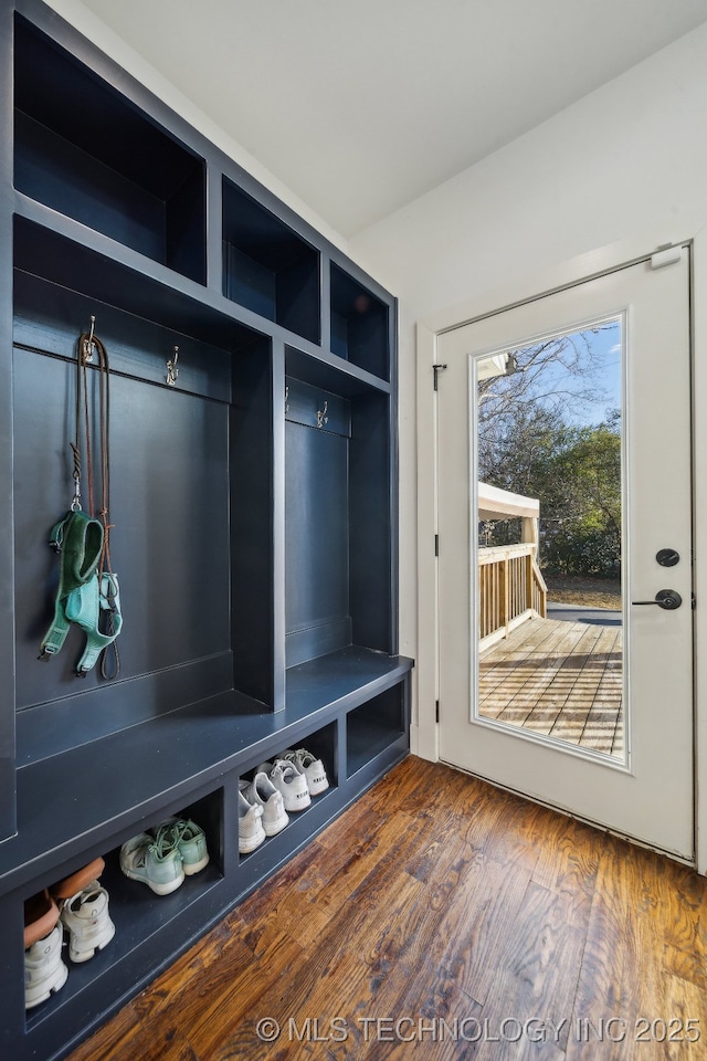 mudroom with dark hardwood / wood-style floors