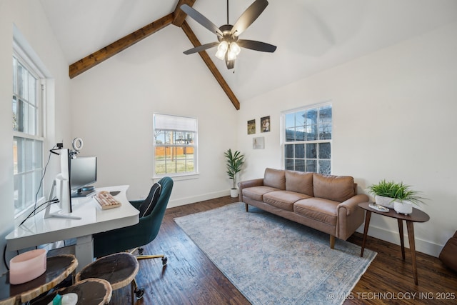 home office with beamed ceiling, ceiling fan, dark wood-type flooring, and high vaulted ceiling